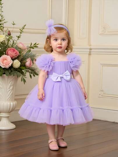 1 st babyflickors volangklänning med tyllrosett och söt 1-årsfestklänning, lämplig för blomsterflickors bröllop, hårband ingår