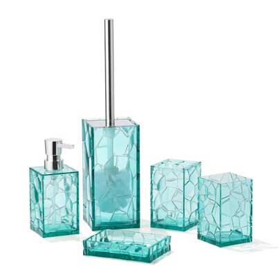 Clear Acrylic Bathroom Accessories Set - Rust-Free, Transparent Design - Includes Soap Dispenser, Toothbrush Holder, Cup, Soap Dish, And Toilet Brush 5-Piece (Teal Blue)Bathroom Organizer Storage Back To School