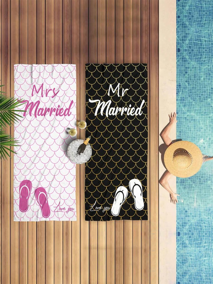 2/1pc Couple Series Super Soft And Comfortable Light Printing 75X150cm Large Bath Towel Quick-Drying Water-Absorbent Soft And Comfortable Microfiber Beach Towel Summer Travel Vacation - Multicolor - View 1