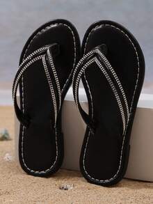 1 Pair Black Toddler/Little Girls' Rhinestone Embellished Flip Flops, Classic Round Toe Slip-On Design, Soft Sole Non-Slip, Fashion Princess Style Beach/Casual Sandals For 3-12 Years Old, Spring/Summer - Black - View 8
