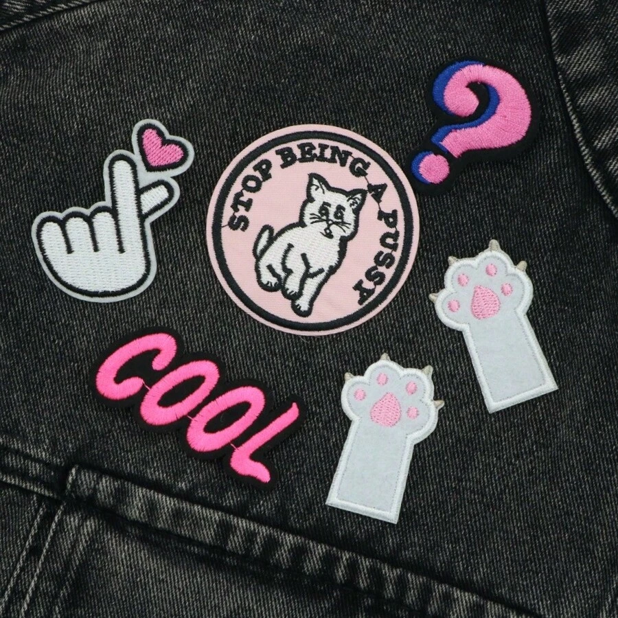 Cute Punk Sweet And Cool Embroidery Cloth Stickers Cartoon Cat Hot Melt Adhesive Patches Cat Paw Cloth Stickers Pink DIY Cloth Stickers Heart Question Marks Backpacks Hats Clothes Sewing Patches