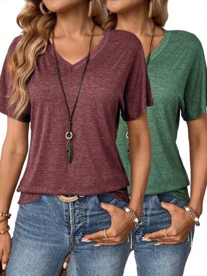 2 Stücke einfarbige V-Ausschnitt T-Shirts, Lässig Kurzarm T-Shirts, Damen Frühling/Sommer