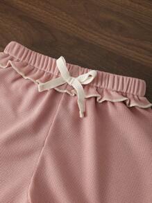 MommBaby Set de 2 piezas para niña y mamá: Top con mangas acanaladas y volantes + Pantalones cortos con efecto de arrugado y volantes, conjunto de verano lindo, casual y cómodo para niña bebé