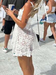 Sexy Asymmetrical Hemline Lace Slip Dress, Spring/Summer - trắng - Xem 10
