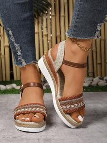 Große Größen Sommer Neue Stroh Rand Boden Plateau Dicker Sohle Schnallen Keil Riemen Frauen Sandalen, Boho Farbblock - Braun - Übersicht 4