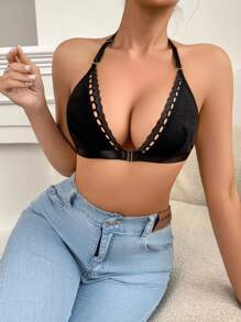 Sexy Charming Lace Patchwork Ribbed Front Closure Bra, Fashionable Halter Backless Wireless Comfortable Lingerie