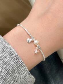GAGAFEEL 1 Stück Lässig tägliches 925er Sterling Silber Seestern Muschel Armband für Damen, Sommer Strand Outfit und Geschenkidee