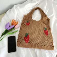 Lightweight,Casual Cute Cartoon Strawberry Pattern Crochet Bag Hollow Out Detail Vacation Style For Teen Girls Women College Students Perfect For College,Outdoors,Travel,Outings,School Bag,Large Capacity,Portable,For Teen Girls Women College Students,White-Collar Workers,Perfect For Work,Back To School,Middle School,High School,College,Vacation, & Cute Strawberry Purse
