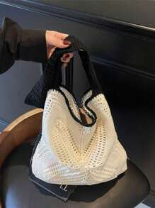 1pc Handmade Woven Bag, Artistic Style, 2025 New Korean Tote Bag, Hollow Out Knitted Bag, Summer Beach Vacation Pouch, Ideal For Summer, Vacation And Daily Use, Travel Essential