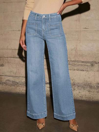 [Slimming Vintage] Women's High-Waist Straight-Leg Denim Jeans | Slimming Vintage Style | Stretch Blend | Casual Retro Blue | Classic Button Closure | Everyday Fashion