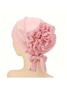 2 piezas Sombreros de turbante de poliéster de moda para mujer, gorros con pañuelo floral elástico y diseño de flor grande, cofia hijab de punto transpirable para ocasiones festivas