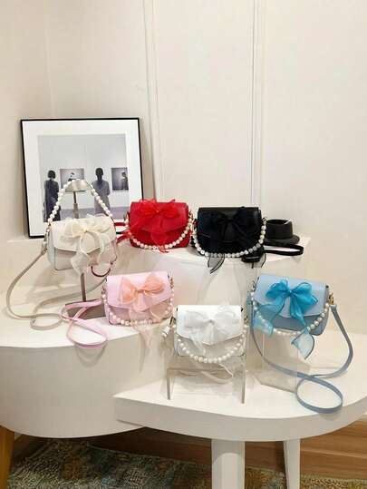 1pc Sweet Bow Solid Color Small Bag Retro Fashion Square Casual Pearl Chain Messenger Bag, Cute Elegant Coin Purse, Pu Material Flip Cover Magnetic Buckle Applicable, Suitable For Daily Use When Out Shopping