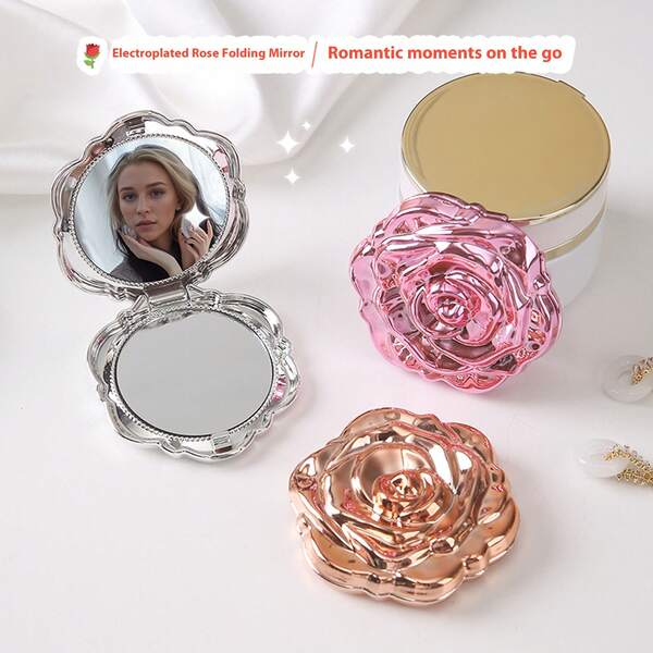 1PC Portable Flip Rose Small Mirror Small Gift Mini Folding Double-Sided Mirror Girl Portable Makeup Mirror Home Decor Back To School Room Decor School Supplies