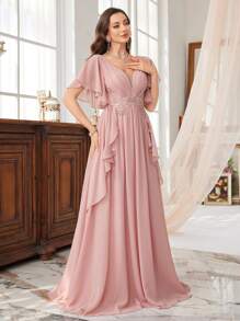 SUPGIR Chiffon Sweetheart Collar Frill Trim Ruched Waist Beaded Embroidery Flounce Design Dress Bridesmaid Dress