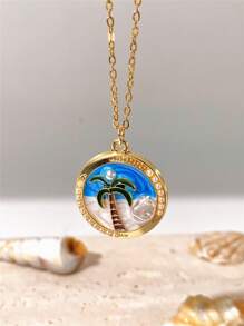 1pc Vintage Luxury Beach Shell & Faux Pearl Oil Drop Pendant Necklace For Women