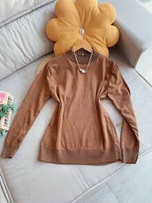 Sweater Blouse Round Neck Plus Size Basic Women Fashion - Brown - View 1