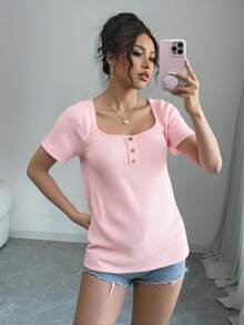 Blusa playera dama mujer manga corta aglobada escote cuadrado botones decorativos rib acanalado - Rosa - Ver 3