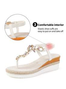 WRCVS Weiße Schuhe mit Kristalldekor-Kette, Quasten-Detail Keilabsatz Plateau Sandalen, Sommer Boho-Stil Urlaubs-Sandalen