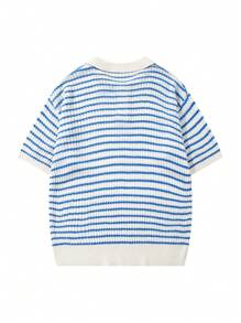 Unisex Retro Loose Casual Striped Short Sleeve Polo Collar Knitted Top, European And American Style