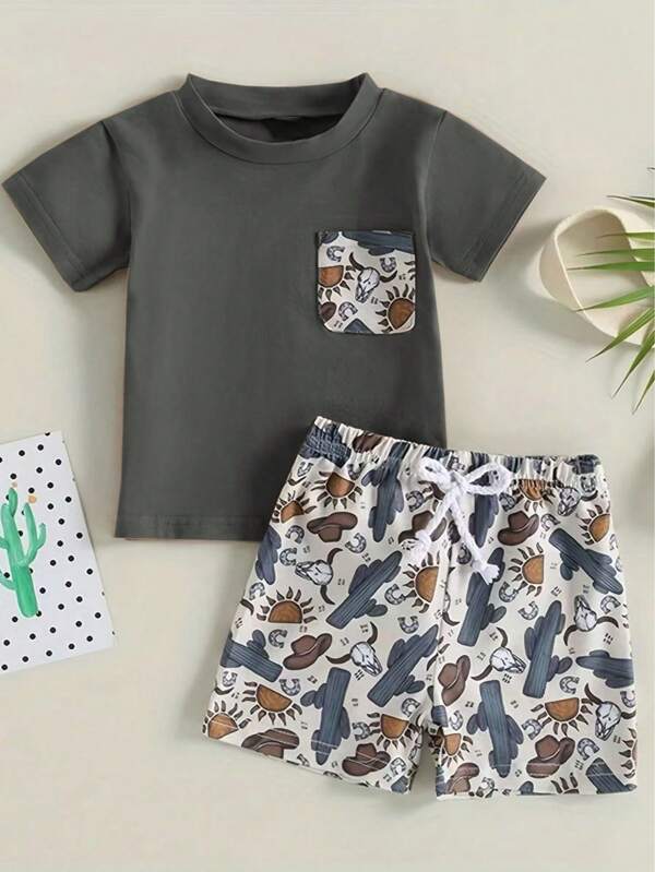 Set de 2 piezas Camiseta con bolsillo y pantalones cortos de vaquero estilo occidental para niños pequeños, para el verano