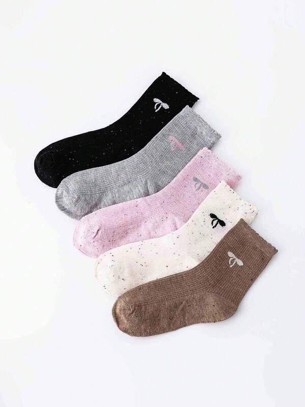 5 Pairs Women's Y2K Style Ruffle Bow Breathable (Functional) Soft Knit Fabric Mid-Calf Socks, Spring/Summer/Autumn