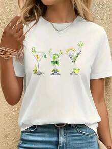 St Patrick'S Day Dirty Martini Glasses Coquette Bow T-Shirt,White T-ShirtPrint T-Shirt, Casual Crew Neck Short Sleeved Summer Top - 白色 - 查看 1