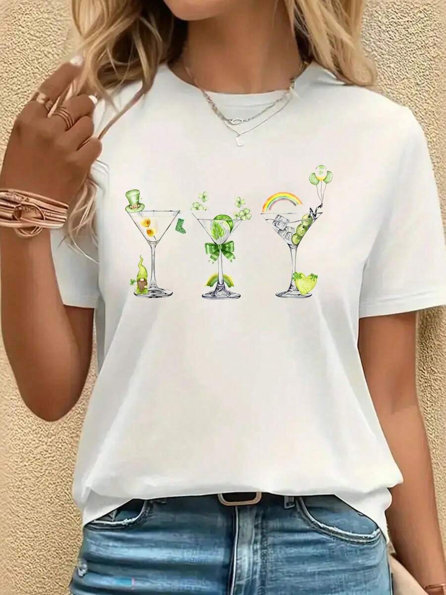 St Patrick'S Day Dirty Martini Glasses Coquette Bow T-Shirt,White T-ShirtPrint T-Shirt, Casual Crew Neck Short Sleeved Summer Top - 白色 - 查看 1