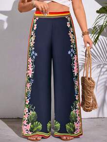  Plus Size Women Tropical Plant Print Loose Wide Leg Pants Vacation - Color - View 2