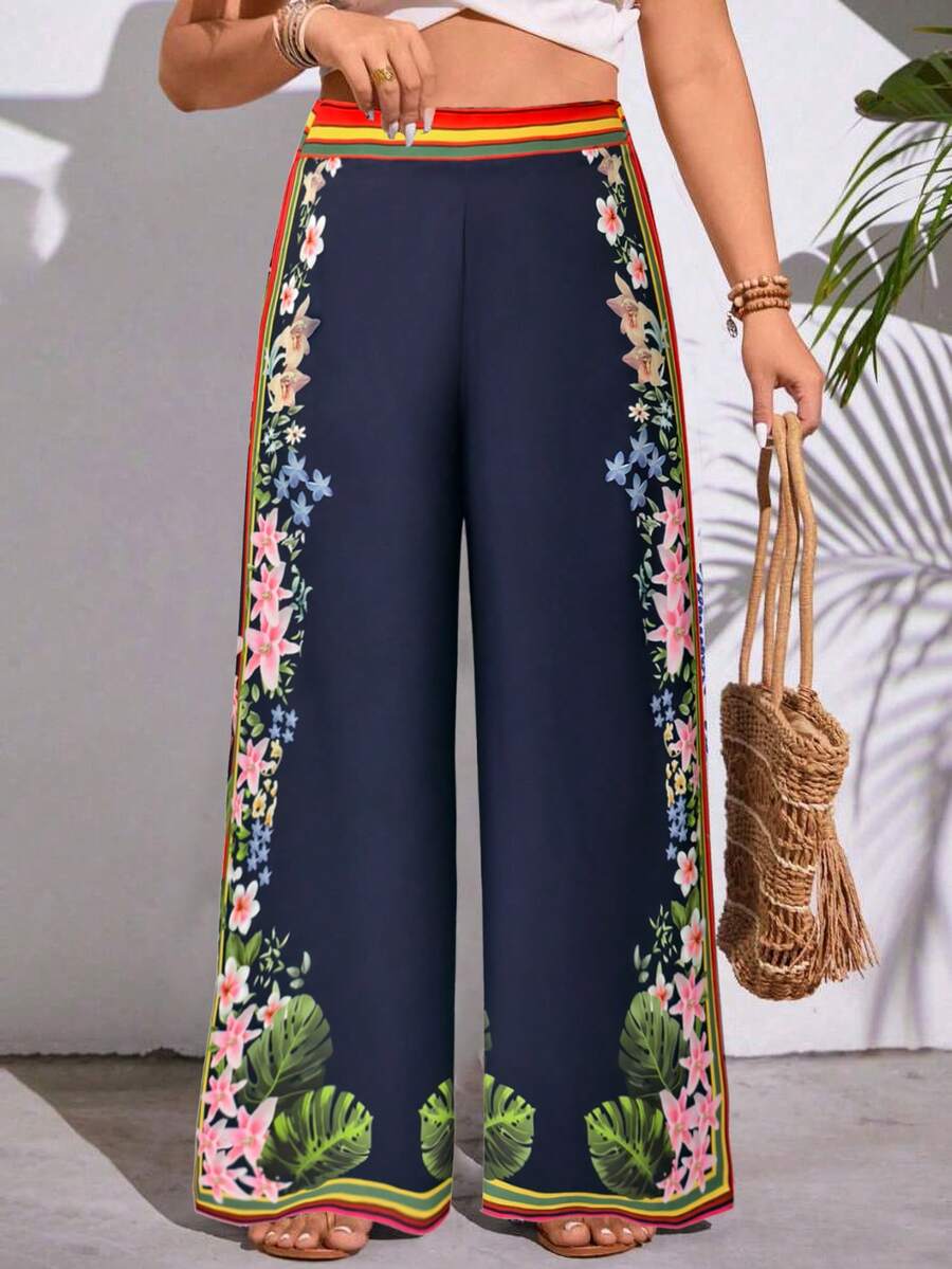  Plus Size Women Tropical Plant Print Loose Wide Leg Pants Vacation