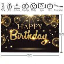 1pc Black Gold Happy Birthday Party Decorations Backdrop, Golden Balloons Glitter Star Birthday Party Photo Background Banner Extra Large Wall Decor Props Party Supplies