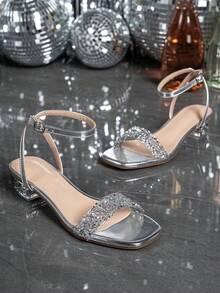 Women's Crystal Heel Glass Rhinestone Champagne Color Plus Size High Heel Sandals - Metallic Silver - View 3