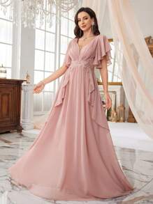 SUPGIR Chiffon Sweetheart Collar Frill Trim Ruched Waist Beaded Embroidery Flounce Design Dress Bridesmaid Dress