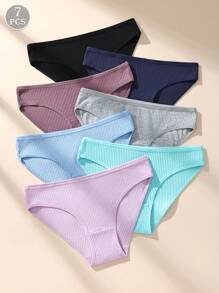 Paquete de 7 bragas de algodón acanalado de unicolor y talle bajo para mujeres, ropa interior cómoda, transpirable y elástica
