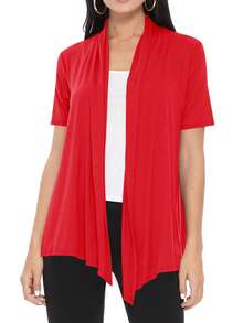 Casual Solid Short Sleeve Open Front Draped Cardigan For Office & Everyday Wear - 紅色 - 查看 1