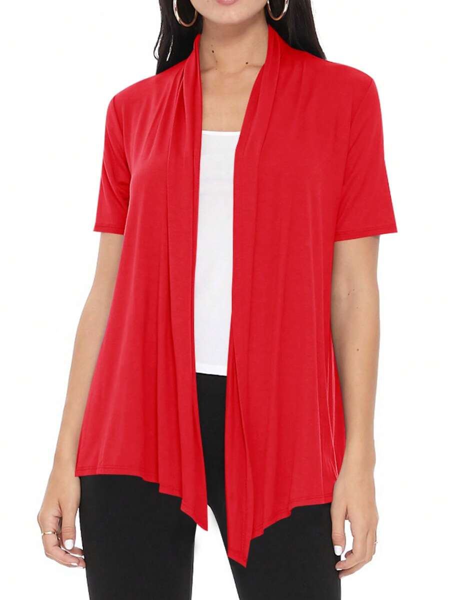 Casual Solid Short Sleeve Open Front Draped Cardigan For Office & Everyday Wear - 紅色 - 查看 1