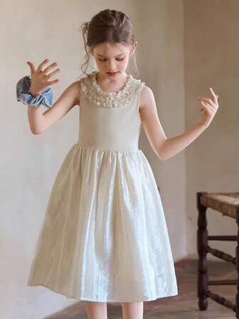 Tween Girl Apricot Frill Trim Sleeveless Round Neck Dress