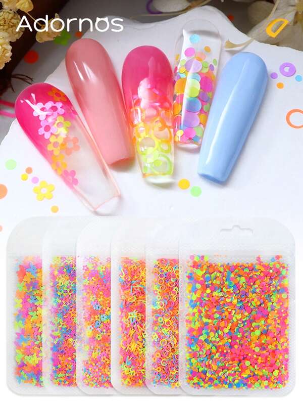 6 Bags Colorful Neon Glitter Flakes Nail Art Sequins Alphabet Star Butterfly Paillettes Summer Manicure Decoration Nails Accessories