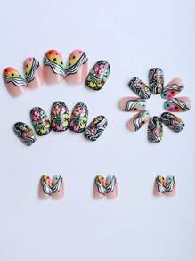 24 Stück mandelförmige Acryl-Aufklebe-Nägel im Geschenkbox, abstraktes amerikanisches Retro-Stil, personalisierte Graffiti, lustige Zauberaugen, bunte Cartoon-Pilze, schwarz-weiße Streifen, Dopamin, Mädchen-Geschenk, Party, tragbare Fake-Nägel mit Gelee-Kleber 1 Stück, 1 Feile Nagelzubehör