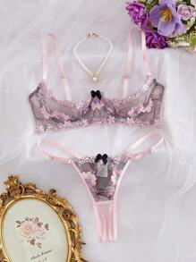Conjunto de lencería con tul bordado con flores, acolchado y con alambre para mujer, dulce y energética