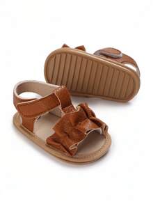 Newborn Infant Girls Wave Pattern Flat Sandals Soft Bottom Pre-Walker Shoes, Summer - Brown - View 3