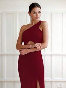 Vestido Ajustado Asimétrico de Hombros Descubiertos con Abertura en Abdomen y Abertura Lateral para Mujer - Rojo violeta - Ver 3