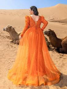 Faeriesty Haute Glamour Plus Luxurious V-Neck Long-Sleeve Beaded Evening Gown With Back-Tie Closure, Dramatic High Slit, Side Flowing Panels & Mermaid Train – Elegant Formal Wear For Red Carpet Galas, Black-Tie Dinners, Wedding Guest Attire, Award Ceremonies, And Charity Ball Events