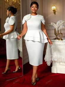 White Bodycon Dresses Elegant Peplum 3D Flowers Occasion Wedding Guest Plus Size Ladies,Outfit For Date,Party,Wedding Dress,Bridesmaid Dress,Graduation Dress,Wedding Guest