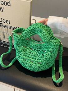 Bolso de playa de ganchillo de verano para mujer, bolso de playa pequeño, ligero, minibolso de hombro, bandolera, estilo preppy, bolso de cubo de hombro de mujer de algodón tejido hueco, bolso bandolera con estilo, para playa, vacaciones, verano, playa, vacaciones, bolsa de viaje