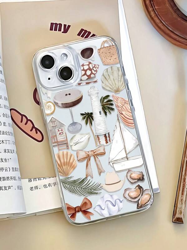 1pc Personalized Beach Vacation Bow Knot, Ocean Elements, Shell, Sail, Palm Tree Collage Aesthetic Pattern Full Coverage Transparent TPU Anti-Fingerprint Phone Case, Compatible With IPhone 16 ProMax/16/16 Pro/16 Plus/11/15/15 Pro/15 ProMax/12/13/14 ProMax/XS/XR/11 Pro/11 ProMax/12 Pro/12 ProMax/13 Pro/13 ProMax/7 Plus/14 Pro/14 ProMax/14 Plus/7 Plus/8 Plus/8/SE2/12 Mini/13 Mini, Soft & Anti-Yellowing