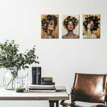 Set de 3 picturi pe pânză înrămate cu portrete de femei la modă, fete frumoase și flori blonde, postere abstracte, imprimate pentru living modern, dormitor, baie, hotel, pensiune, apartament, vilă, galerie, cameră de zi pentru femei, coridor, studio, sală de clasă, studiu, decorațiune pentru biroul de acasă, gata de agățat