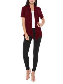 Casual Solid Short Sleeve Open Front Draped Cardigan For Office & Everyday Wear - 酒紅色 - 查看 4