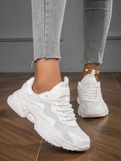 ZVB 女士米色厚底运动鞋，透气运动鞋，轻便软底休闲低帮舒适鞋