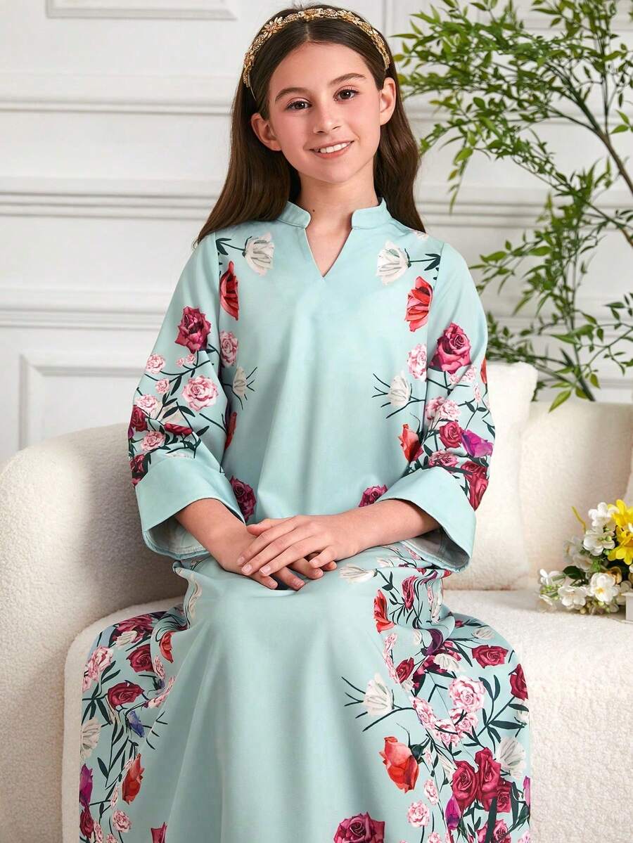 Tween Girls Arabic Style Loose Printed Long Dress - Multicolor - View 1