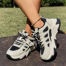 1 Pair Women's Breathable Anti-Slip Lace-Up Chunky Sneakers With Mesh Panels, Sporty & Casual